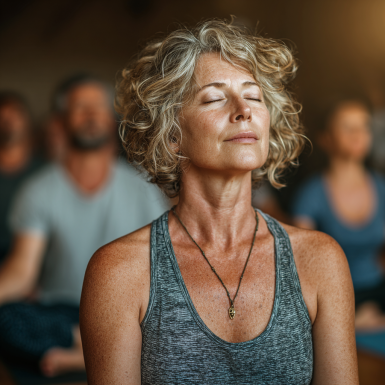 Група възрастни хора практикуват йога с усмивки в светла стая